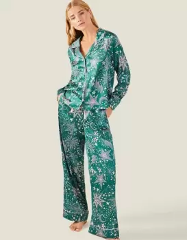 Image of Accessorize Womens Star Print Satin Pyjama Set Teal, Size: M