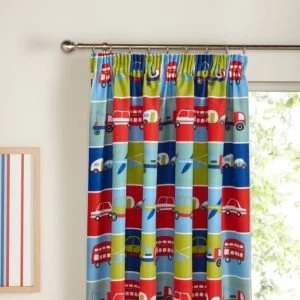 Image of Transport Blue Green Red Bus Car Plane Pencil Pleat Childrens Curtains W167cm L137cm