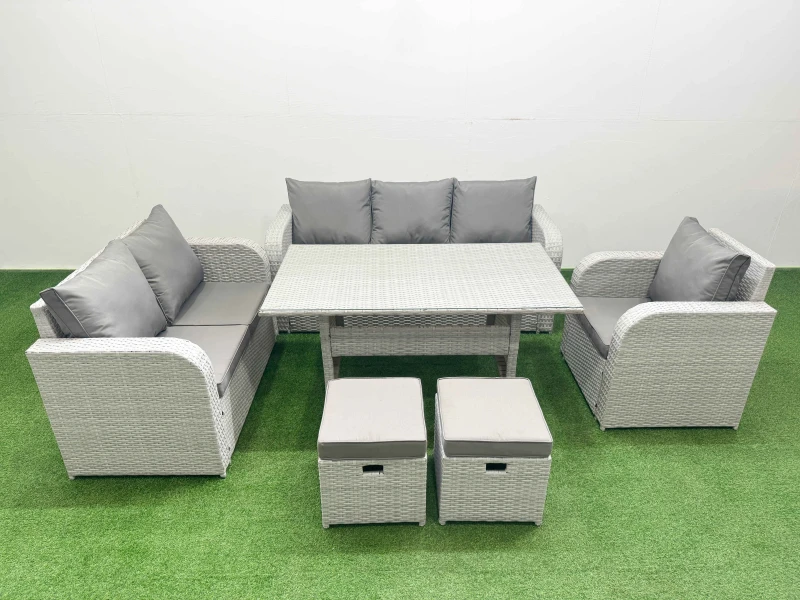 Image of Fimous Patio PE Wicker 8 Seater Outdoor Rattan Furniture Sofa Sets with Rectangular Dining Table Reclining Chair Loveseat Sofa 3 Seater Sofa Stool Lig