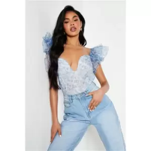 Image of I Saw It First Blue Floral Mesh Frill Sleeve Bodysuit - Blue