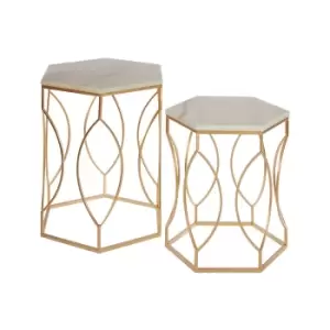 Image of Set of 2 Hexagonal Side Tables in White Marble and Gold