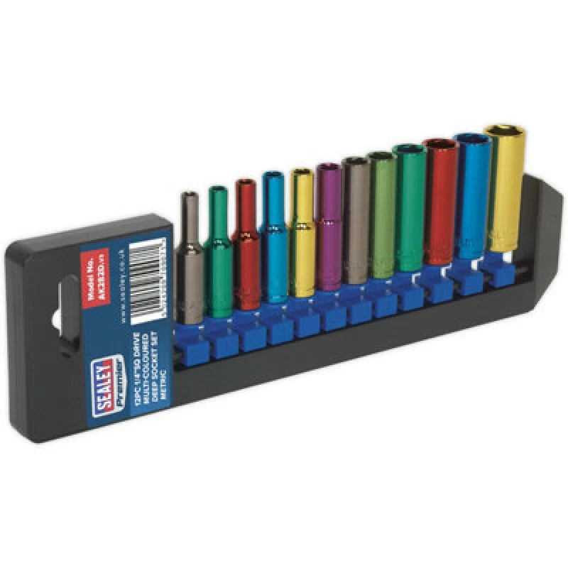 Image of Loops 12 PACK Multi Colour DEEP Socket Set 1/4" Metric Square Drive - 6 Pt WallDrive Multi