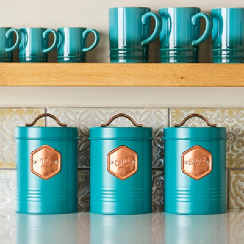 Image of Cooks Professional 3 Piece Tea Coffee Sugar Cannister Set - Labelled Kitchen Storage Tins With Airtight Lids - Teal & Copper