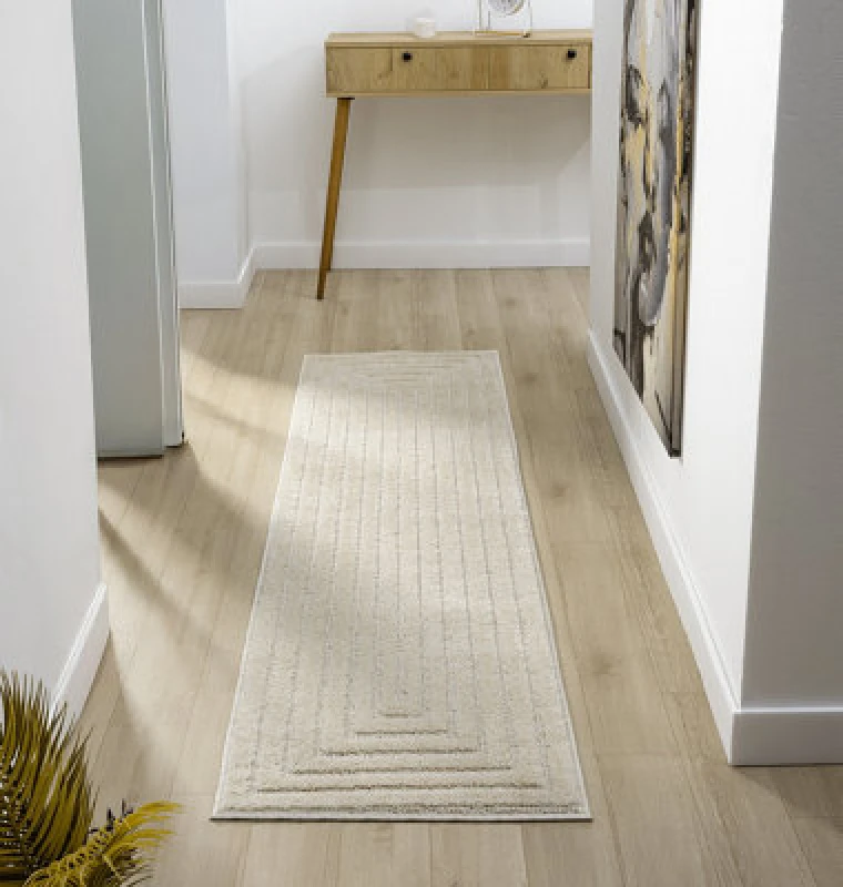 Image of Isabella Living Room Area Rugs - Embossed Geometric Rectangle Design Cream 60Cm X 220Cm