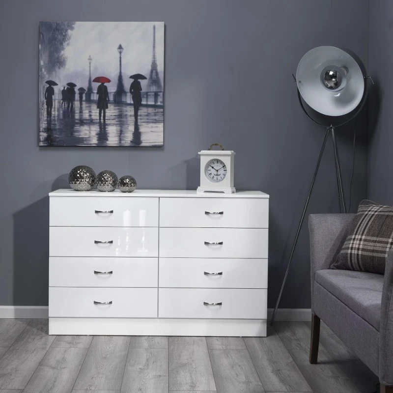 Image of LUXURY LIFE Chiswick Gloss White 8 Drawer Modern Twin Chest Of Drawers White