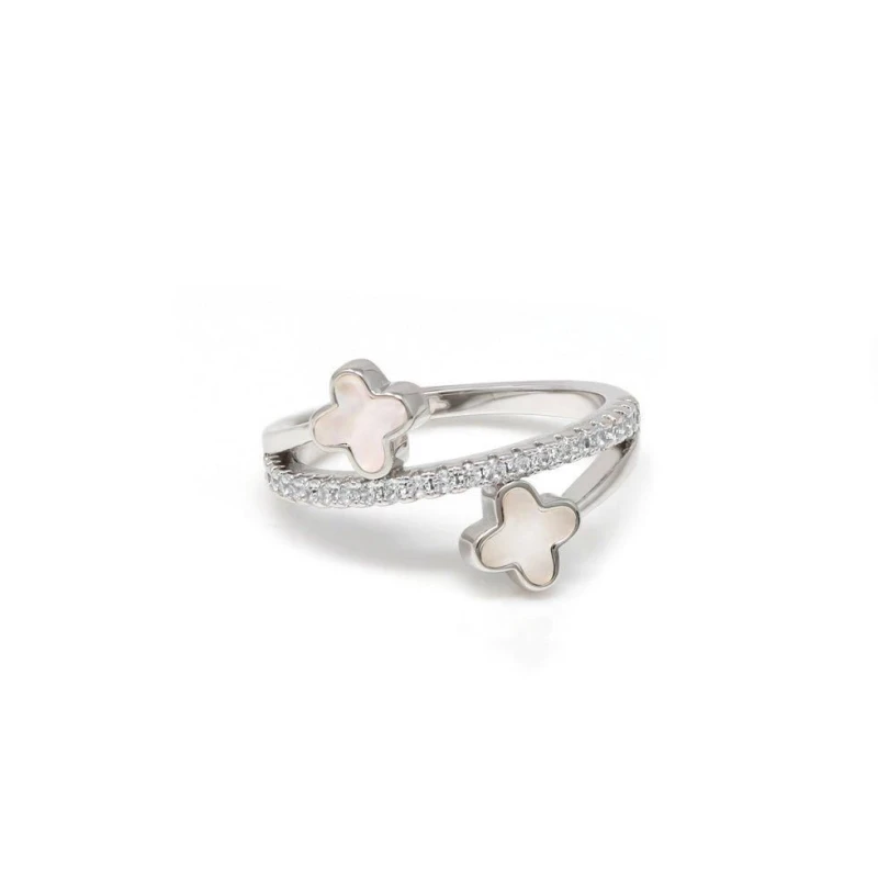 Image of Say It With Clover Ring - Stainless Steel (Silver & Faux Pearl) - Large in Silver Silver Unisex L