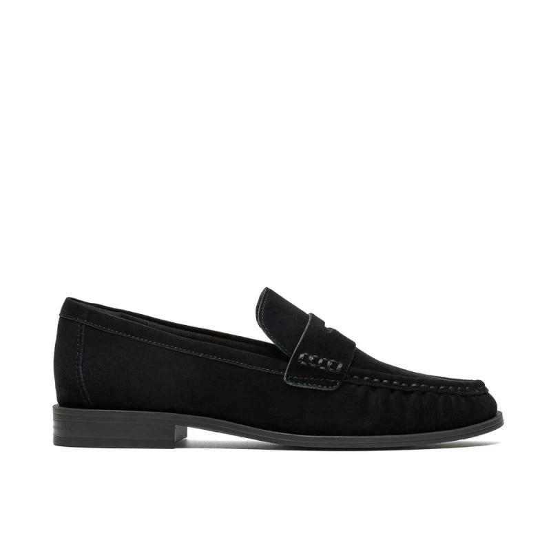 Image of Clarks Womens Alixea Walk Black Suede Loafers, Slip Ons Size: 7-Standard Fit Black Female 7-Standard Fit