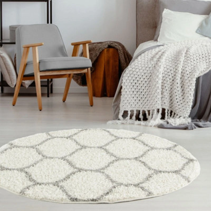Image of THE RUGS Soft Trellis Shaggy Rugs & Runners Ivory & Grey Living Room Size: 120cm diameter Ivory Unisex 120cm diameter