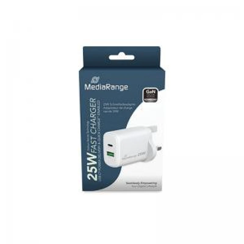 Image of MediaRange MediaRange GaN Fast Charging Adapter UK Plug 1xUSB-C and 1xUSB-A 25W White MRMA112-UK MRMA112-UK