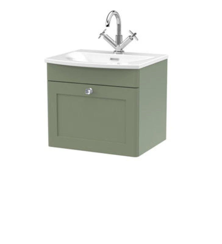 Image of NUIE Nuie - Classique Wall Hung 1-Drawer Vanity Unit with Curved Basin 500mm Wide - Satin Green CLC891J