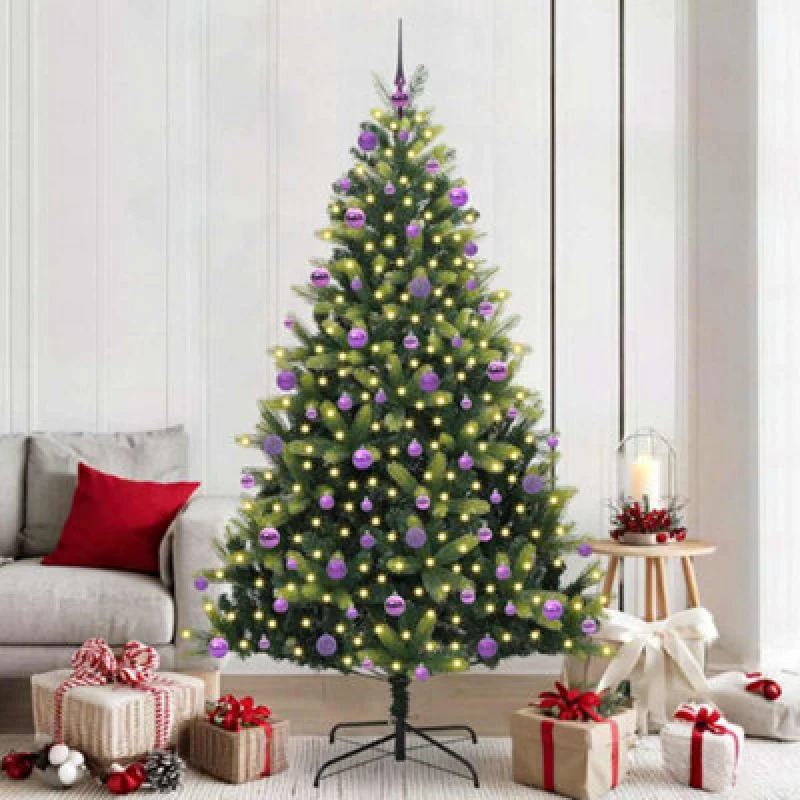 Image of vidaXL Artificial Hinged Christmas Tree 300 LEDs, Lilac Balls Green 210 cm, Green 3396006