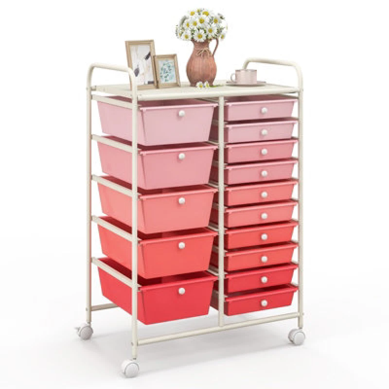 Image of Costway 15-Drawer Storage Trolley Mobile Organiser Shelving Unit Utility Cart Gradient Pink