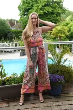 Image of Pink Paisley Print Halter Neck Jumpsuit