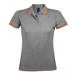 Image of SOLS Womens/Ladies Pasadena Tipped Short Sleeve Pique Polo Shirt (XL) (Grey Marl/Orange)