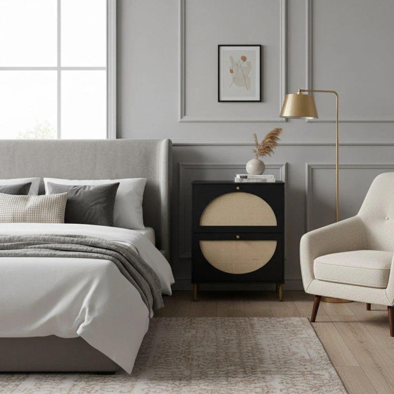 Image of Linea Black Rattan Modern Nightstand Black unisex One Size