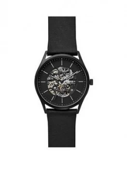 Image of Skagen Black Skeleton Dial Black Leather Strap Mens Watch