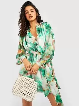 Image of Boohoo Frill Detail Belted Skater Dress - Green, Size 16, Women