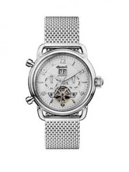 Image of Ingersoll Ingersoll New England Silver Daydate Skeleton Eye Automatic Dial Stainless Steel Mesh Strap Watch