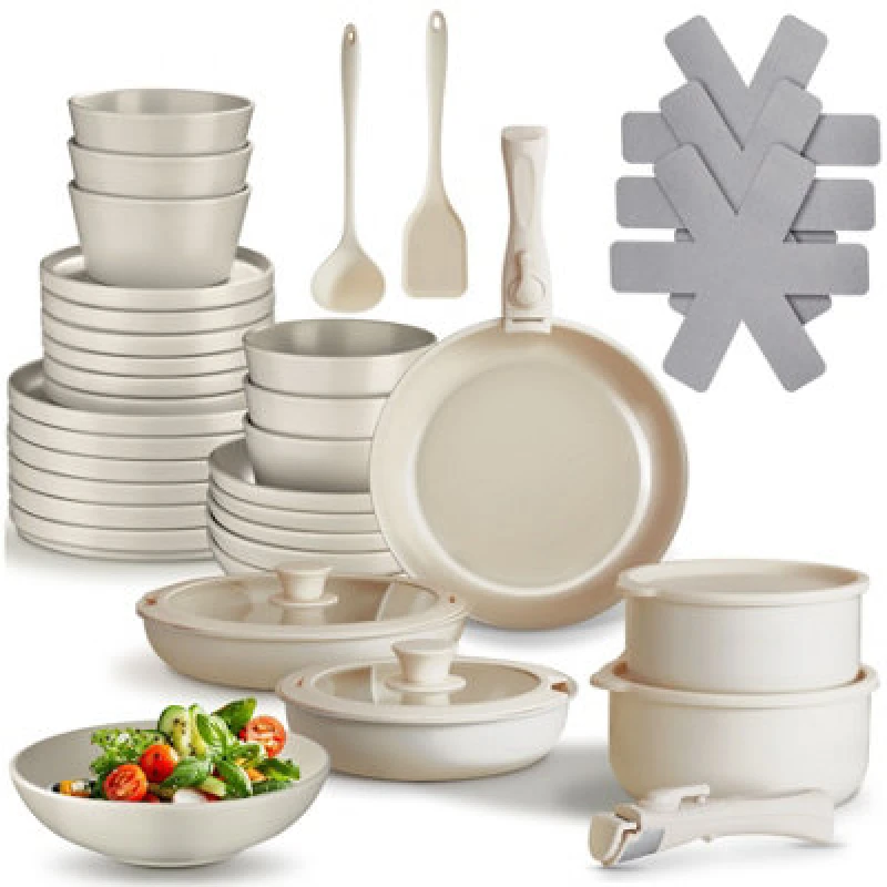 Image of Tectake Kitchen Starter Set For 6 People With Crockery, Pots And More - Taupe/white