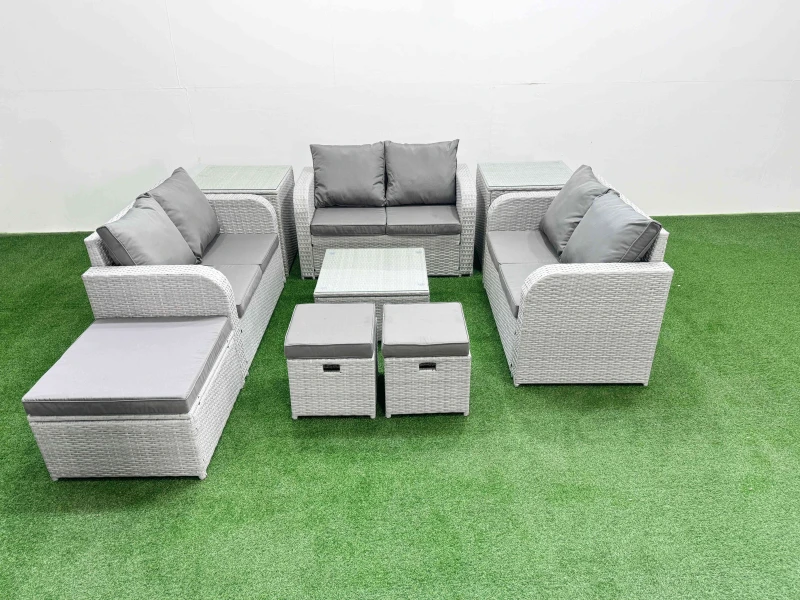 Image of Fimous 9 Seater PE Wicker Rattan Furniture Sofa Sets with Square Coffee Table 2 Seater Love Sofa 3 Stool 2 Side Table Light Grey Light Grey