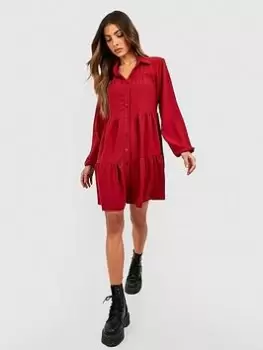 Image of Boohoo Tiered Smock Shirt Dress - Berry, Purple, Size 10, Women