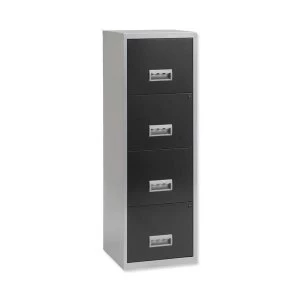 Image of Pierre Henry A4 Maxi Steel Lockable 4 Drawer Filing Cabinet Silver Black
