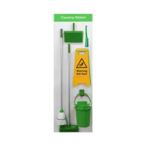 Image of Shadow Board Cleaning Station with Lean Stand, Stocked with Hooks, Style B Green, (610mm x 2000mm)