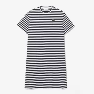 Image of Womens Lacoste Striped Cotton Jersey T-Shirt Dress Size 8 Black/white