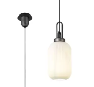 Image of 1 Light Pendant E27 20cm Tubular Ribbed Glass, Opal Black, Aged Pewter