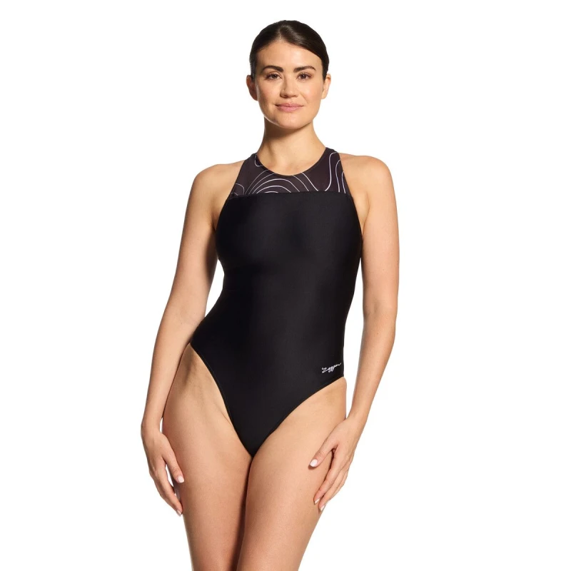 Image of Zoggs Womens Terrain Zip Back Swimsuit in Black Size: 8 Black Female 8