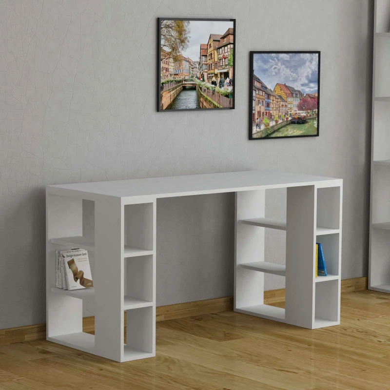Image of DECORTIE Decortie - Colmar Modern Desk White With Bookshelf Legs Width 140cm - White M.MS.12597.2