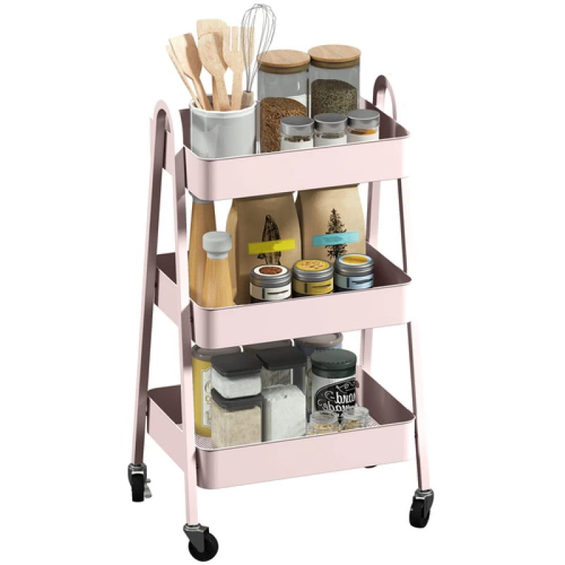 Image of HOMCOM HOMCOM 3-Tier Storage Trolley on Wheels with Handles for Living Room, Kitchen in Pink Pink One Size Unisex 5063603188372