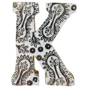 Image of Letter K Hand Carved Wooden White Flower
