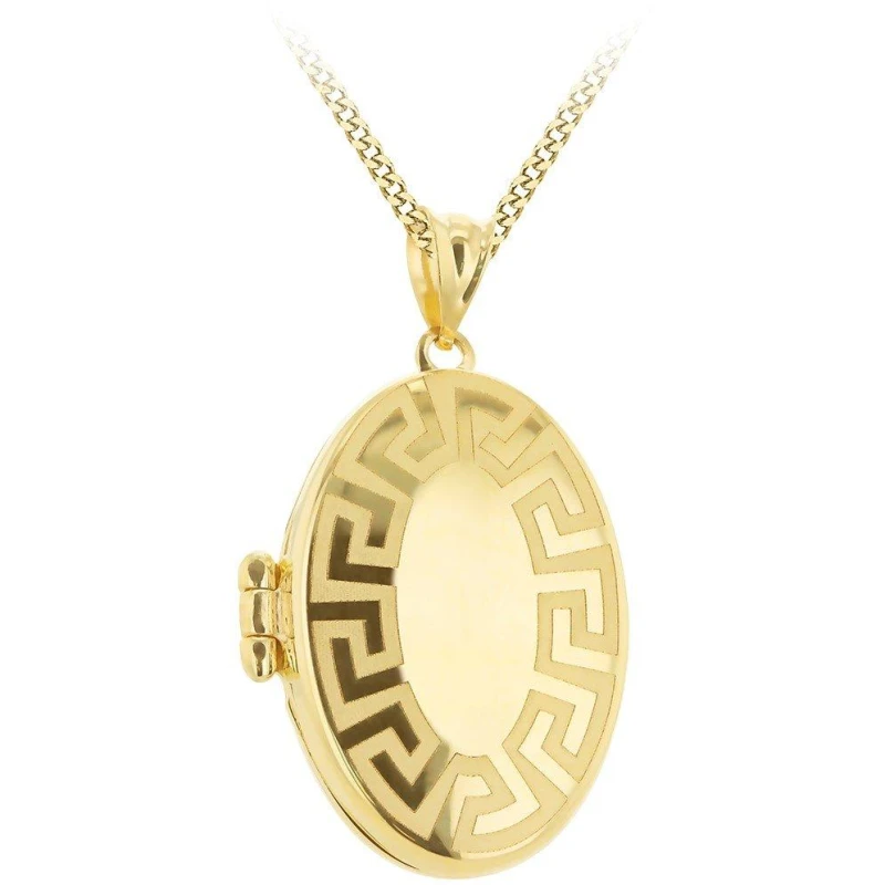 Image of Be You 9ct Gold Oval Greek Engraved Locket Necklace Yellow Gold female 18in