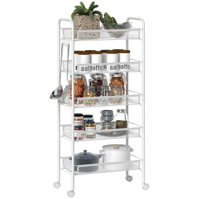 Image of HOMCOM HOMCOM 5 Tier Utility Rolling Cart with Removable Mesh Baskets, White White One Size Unisex 5063603041875