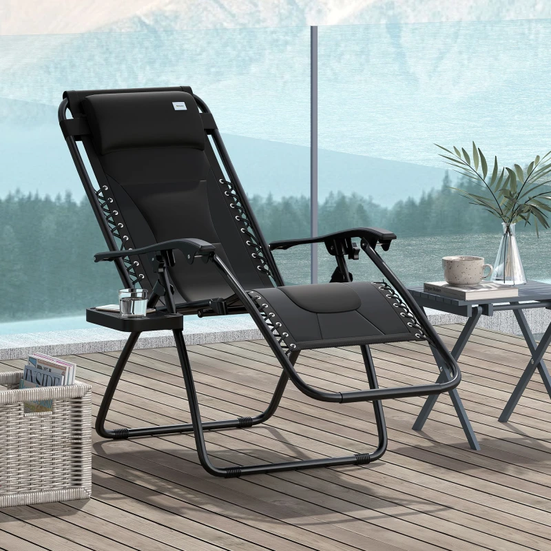 Image of Outsunny Zero Gravity Lounger Folding Recliner Chair w/ Cup Holder Black True Black