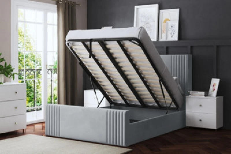 Image of DS LIVING Elara Winged Silver Upholstered Bed With Ottoman Metal Gas Lift Double AM_DVNSHROB_DBL_SIL