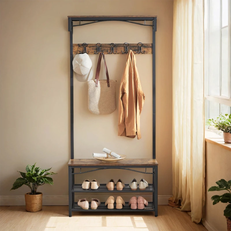 Image of Songmics Vasagle Coat Rack, Hallway Cabinet, With Top Board, Shoe Rack, Bench And 5 Double Hooks, Metal Frame, Rustic Brown And Black