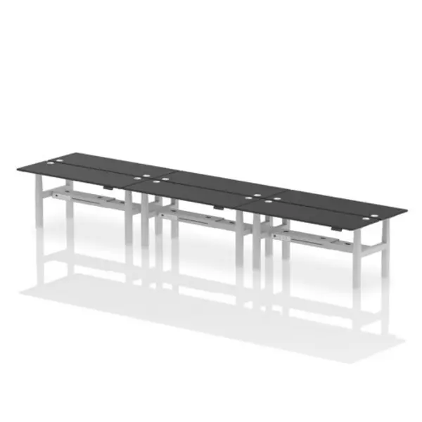 Image of Air Air Back-to-Back 1800 x 600mm Height Adjustable 6 Person Bench Desk Black Top with Cable Ports Silver Frame HASCP6P18600BLKS