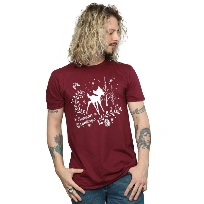 Image of Disney Men Bambi Christmas Greetings T-Shirt in Burgundy Size: Small Burgundy S Male 5057245994231