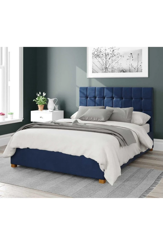 Image of Aspire Aspire Sinatra Upholstered Ottoman Storage Bed, Plush Velvet Fabric in Navy Size: Super King Navy Super King Unisex 5057632189028