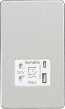 Image of KnightsBridge Shaver socket with dual USB A+C (5V DC 2.4A shared) - brushed chrome with white insert