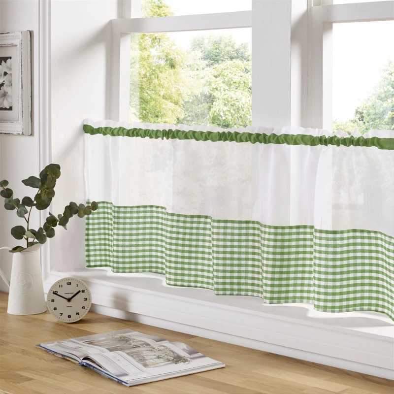 Image of ALAN SYMONDS Gingham Ready Made Slot Top Voile Cafe Curtain Panel (59" x 24", Green) 12399620