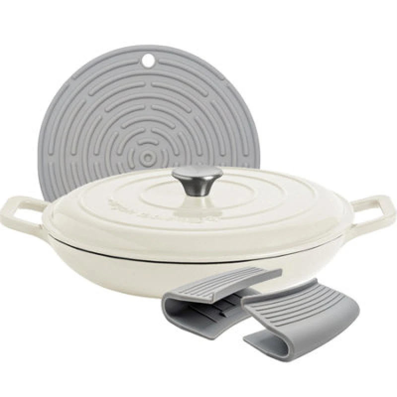 Image of Argon Tableware Shallow Cast Iron Casserole Dish - 2.3L Enamel Finish, Oven Safe Dutch Oven Cookware With Lid