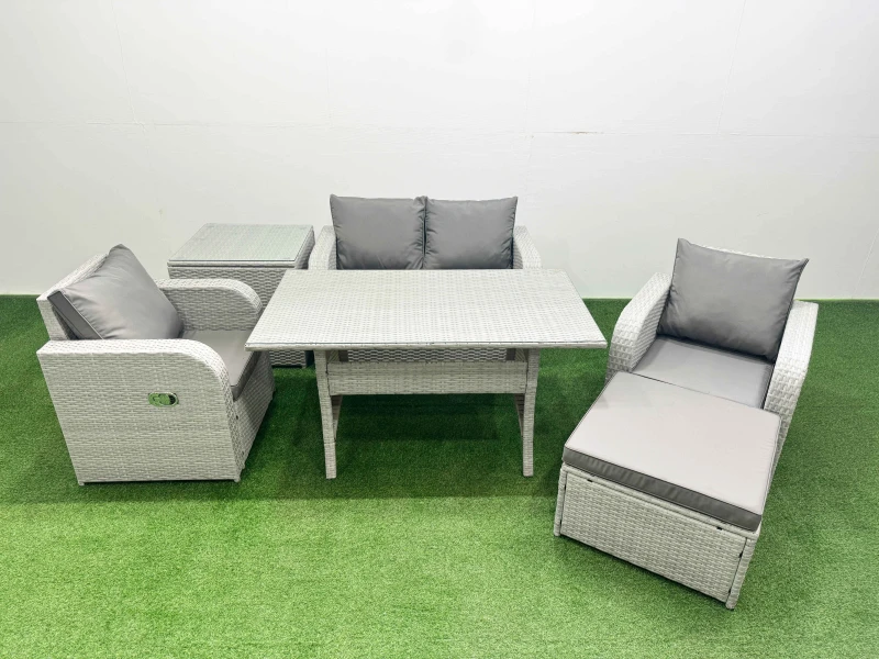 Image of Fimous Light Grey PE Wicker Rattan Garden Furniture Set Sofa Set Reclining Chair Rectangular Dining Table 5 Seater With Footstool Side Table Light Gre