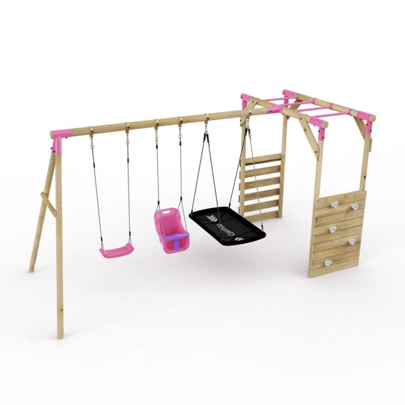 Image of Rebo Wooden Triple Swing Set with Climbing Wall and Monkey Bars - Halley Pink Pink