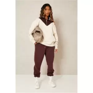 Image of I Saw It First Beige Unisex Heavyweight High Neck Contrast Collar Fleeceback Sweatshirt - Brown