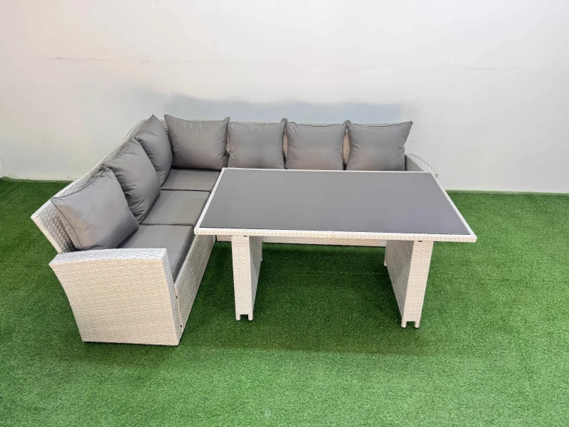 Image of Fimous 6 Seater Wicker Rattan Corner Sofa Sets with Dining Table Light Grey Light Grey Unisex