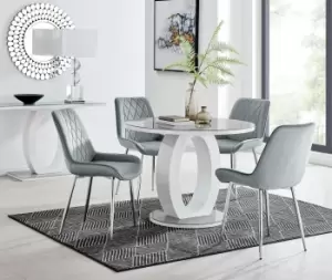 Image of Giovani Round 4 Seat 100cm White High Gloss Halo Base Grey Glass Top Dining Table 4 Soft Velvet Silver Leg Pesaro Chairs