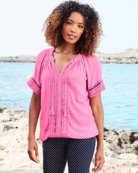 Image of Cotton Traders Womens Boho Short Sleeve Crochet Trim Top in Pink